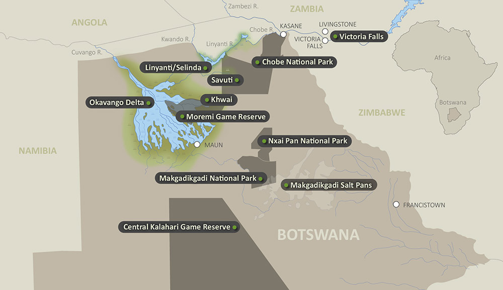 Safari tour map overview in Botswana