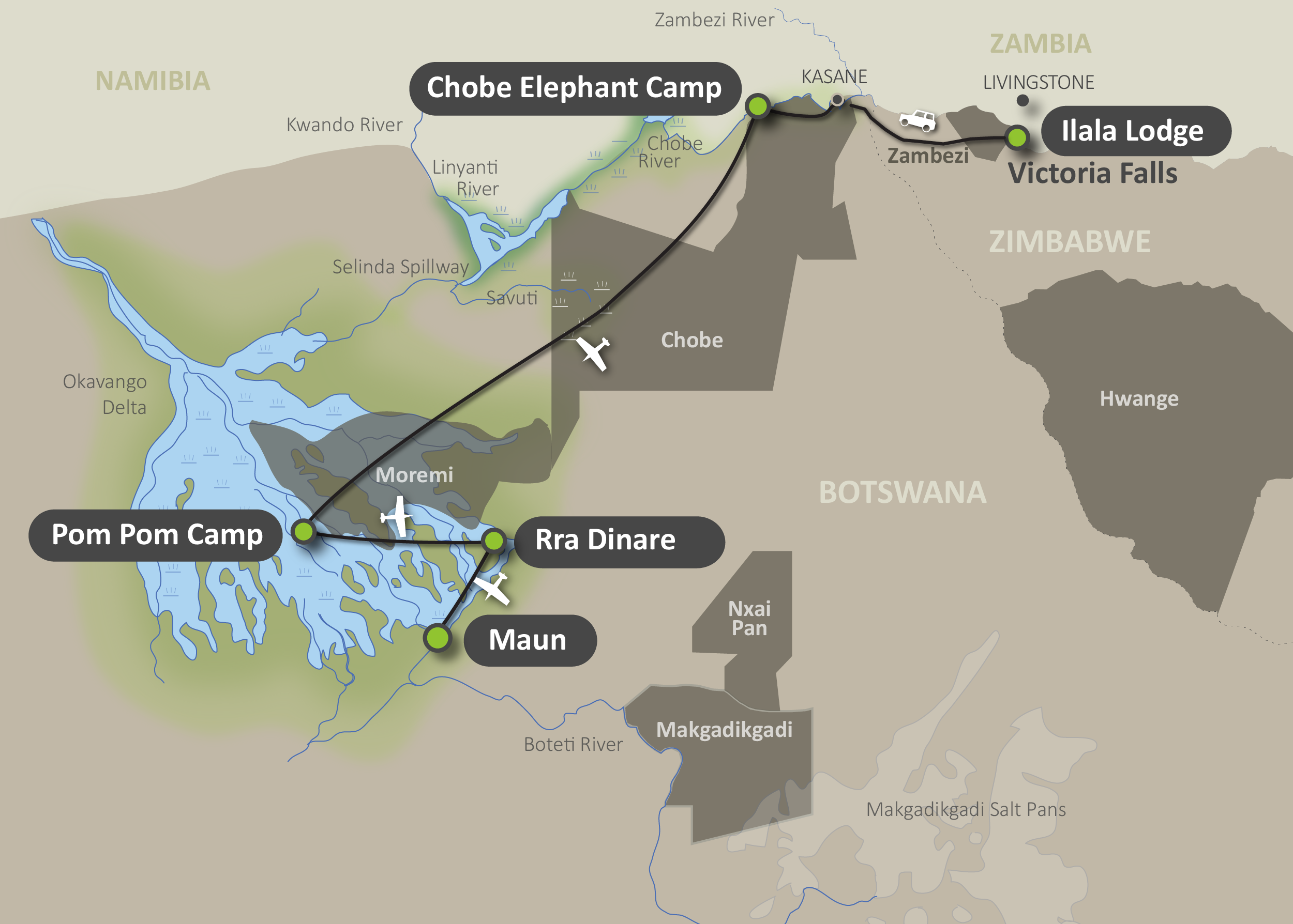 Map of the Botswana Highlights Safari