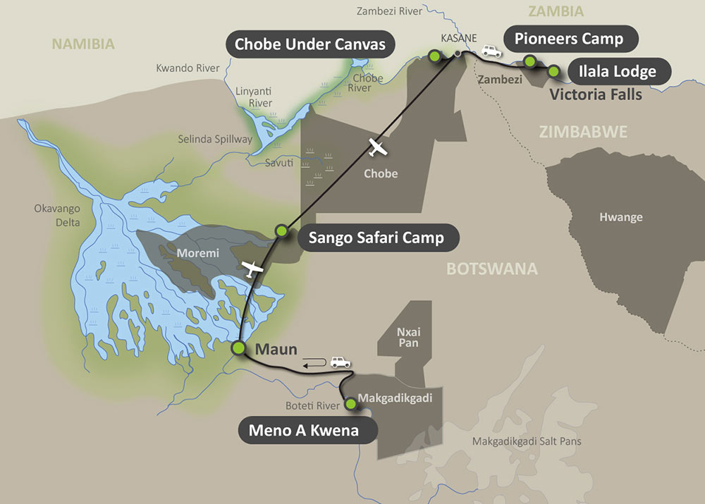 Map of the Botswana Adventure Safari