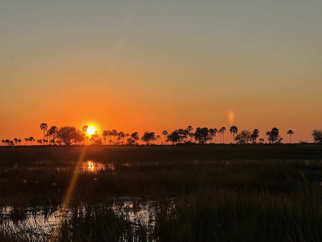 A sunset in the Okavango Delta, can be experienced all year round